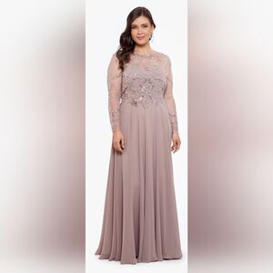 Xscape Evenings 3174 Plus Mason Long Sleeve Beaded Chiffon Gown NWT sz 18W Taupe